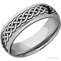 7 mm wide/Domed Stepped Down Edges/Cobalt Chrome band with a laser carved Celtic 9 pattern.