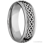 7 mm wide/Domed Stepped Down Edges/Cobalt Chrome band with a laser carved Celtic 9 pattern.