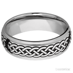 7 mm wide/Domed Stepped Down Edges/Cobalt Chrome band with a laser carved Celtic 9 pattern.