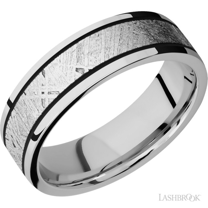7 mm wide/Flat/Cobalt Chrome band with one 4 mm Centered inlay of Meteorite.