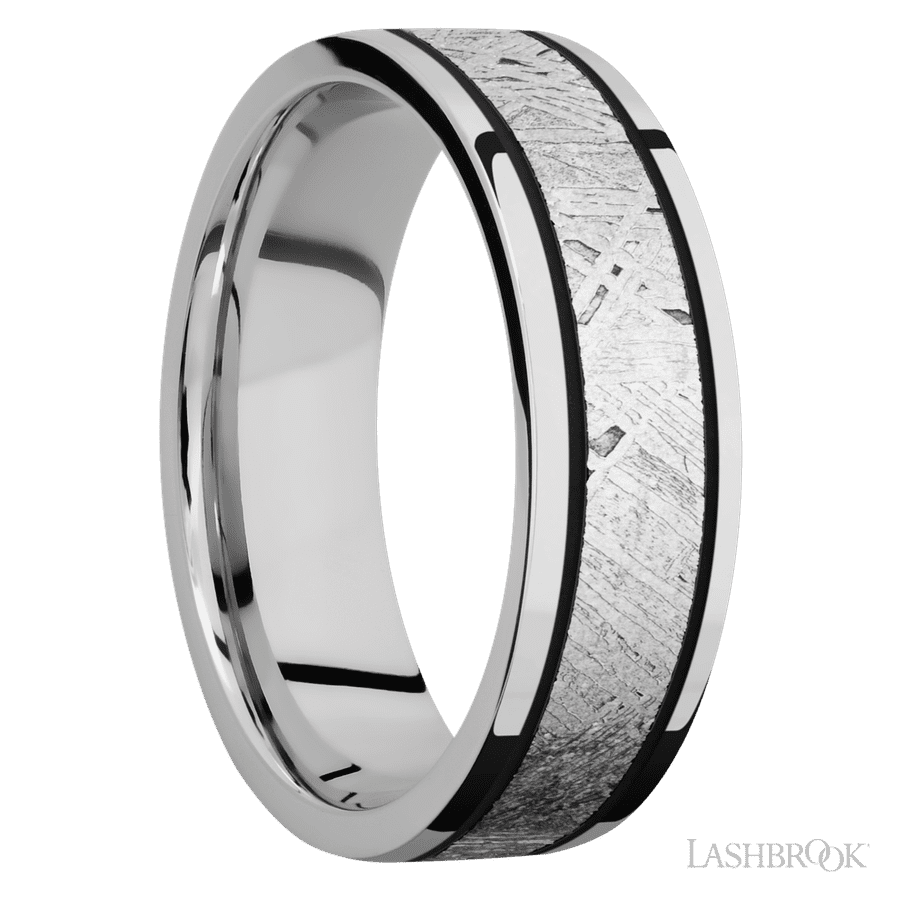 7 mm wide/Flat/Cobalt Chrome band with one 4 mm Centered inlay of Meteorite.
