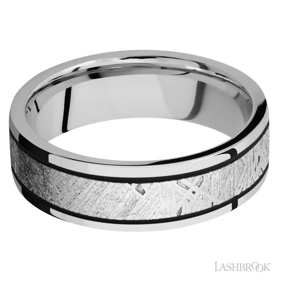 7 mm wide/Flat/Cobalt Chrome band with one 4 mm Centered inlay of Meteorite.
