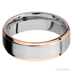 7 mm wide/Flat Grooved Edges/Cobalt Chrome band with two 1 mm Edge inlays of 14K Rose Gold.