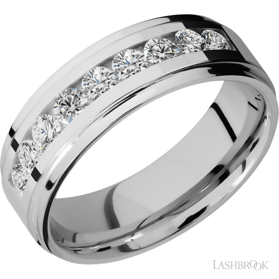 "7 mm wide/Flat Grooved Edges/Cobalt Chrome band with an  arrangement of 9, .1 carat Round Diamond stones in a Channel setting."