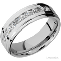 "7 mm wide/Flat Grooved Edges/Cobalt Chrome band with an  arrangement of 9, .1 carat Round Diamond stones in a Channel setting."