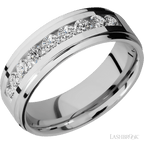 "7 mm wide/Flat Grooved Edges/Cobalt Chrome band with an  arrangement of 9, .1 carat Round Diamond stones in a Channel setting."