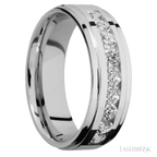 "7 mm wide/Flat Grooved Edges/Cobalt Chrome band with an  arrangement of 9, .1 carat Round Diamond stones in a Channel setting."
