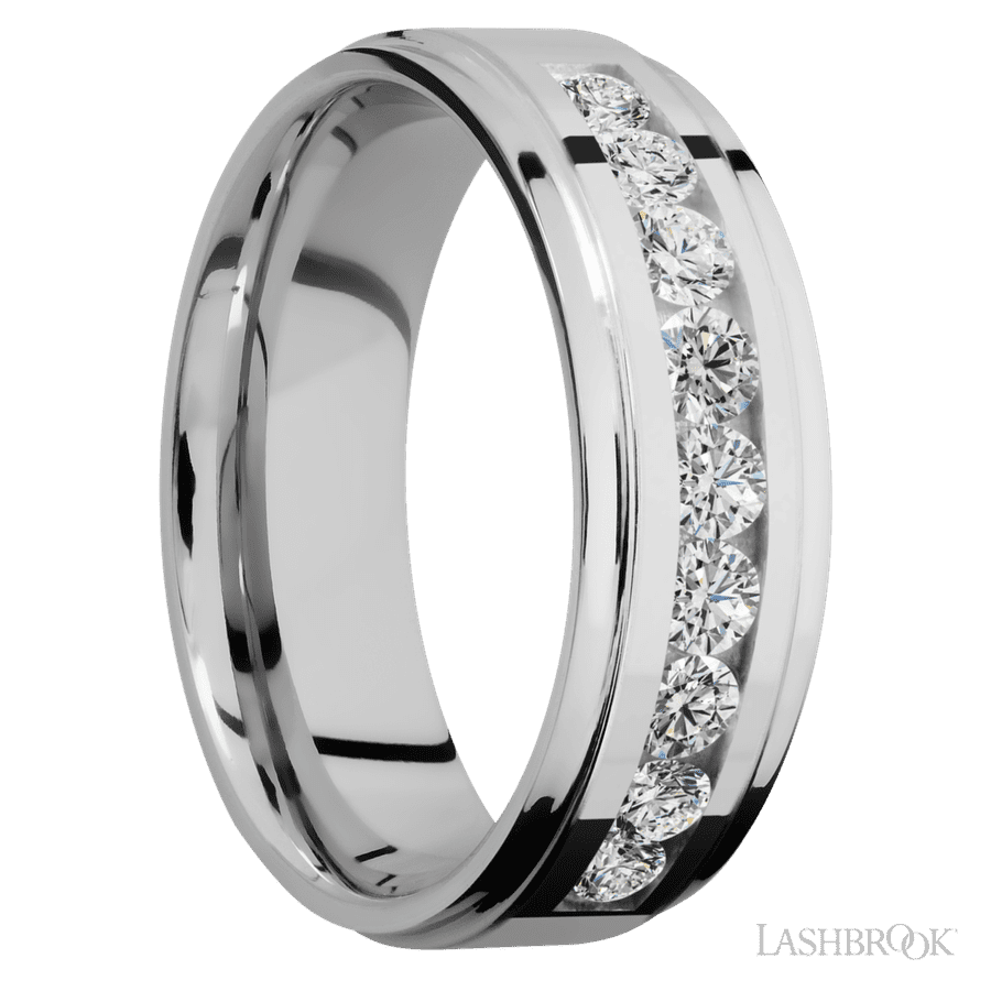 "7 mm wide/Flat Grooved Edges/Cobalt Chrome band with an  arrangement of 9, .1 carat Round Diamond stones in a Channel setting."