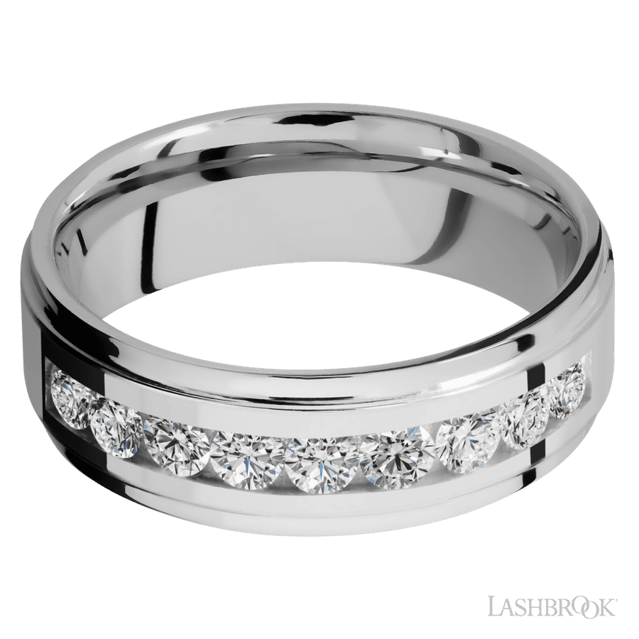 "7 mm wide/Flat Grooved Edges/Cobalt Chrome band with an  arrangement of 9, .1 carat Round Diamond stones in a Channel setting."