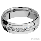 "7 mm wide/Flat Grooved Edges/Cobalt Chrome band with an  arrangement of 9, .1 carat Round Diamond stones in a Channel setting."