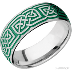 8 mm wide/Domed/Cobalt Chrome band with a laser carved Celtic 17 pattern.