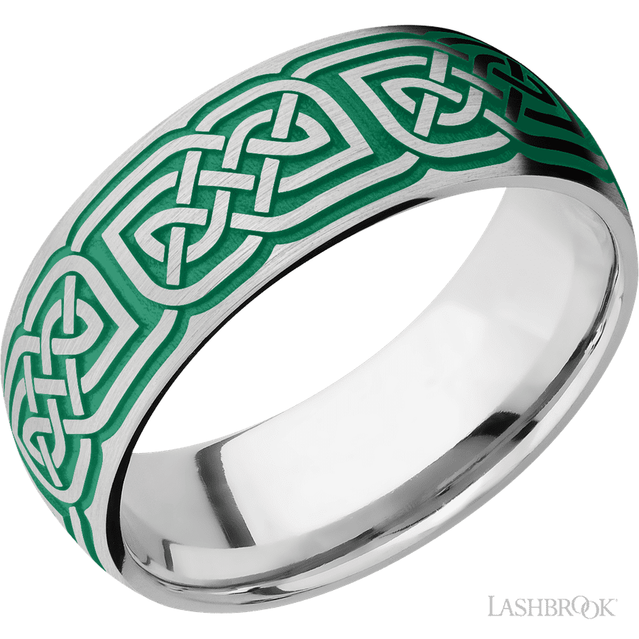 8 mm wide/Domed/Cobalt Chrome band with a laser carved Celtic 17 pattern.