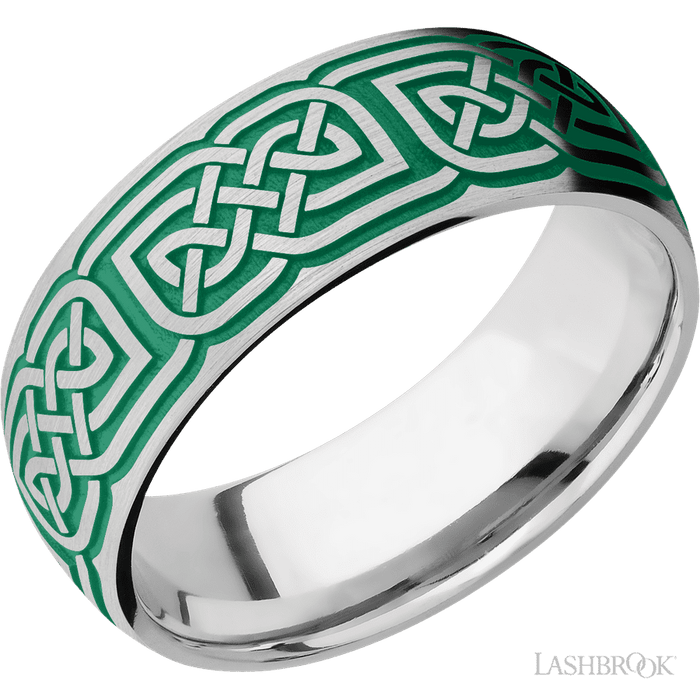 8 mm wide/Domed/Cobalt Chrome band with a laser carved Celtic 17 pattern.