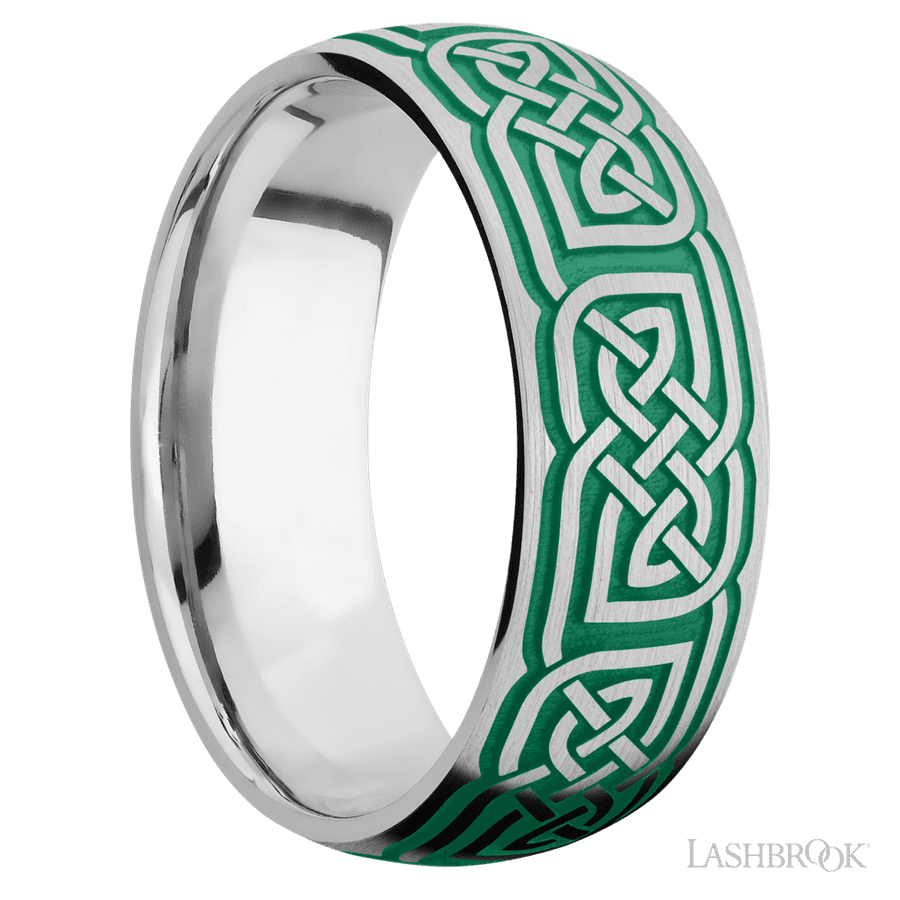 8 mm wide/Domed/Cobalt Chrome band with a laser carved Celtic 17 pattern.
