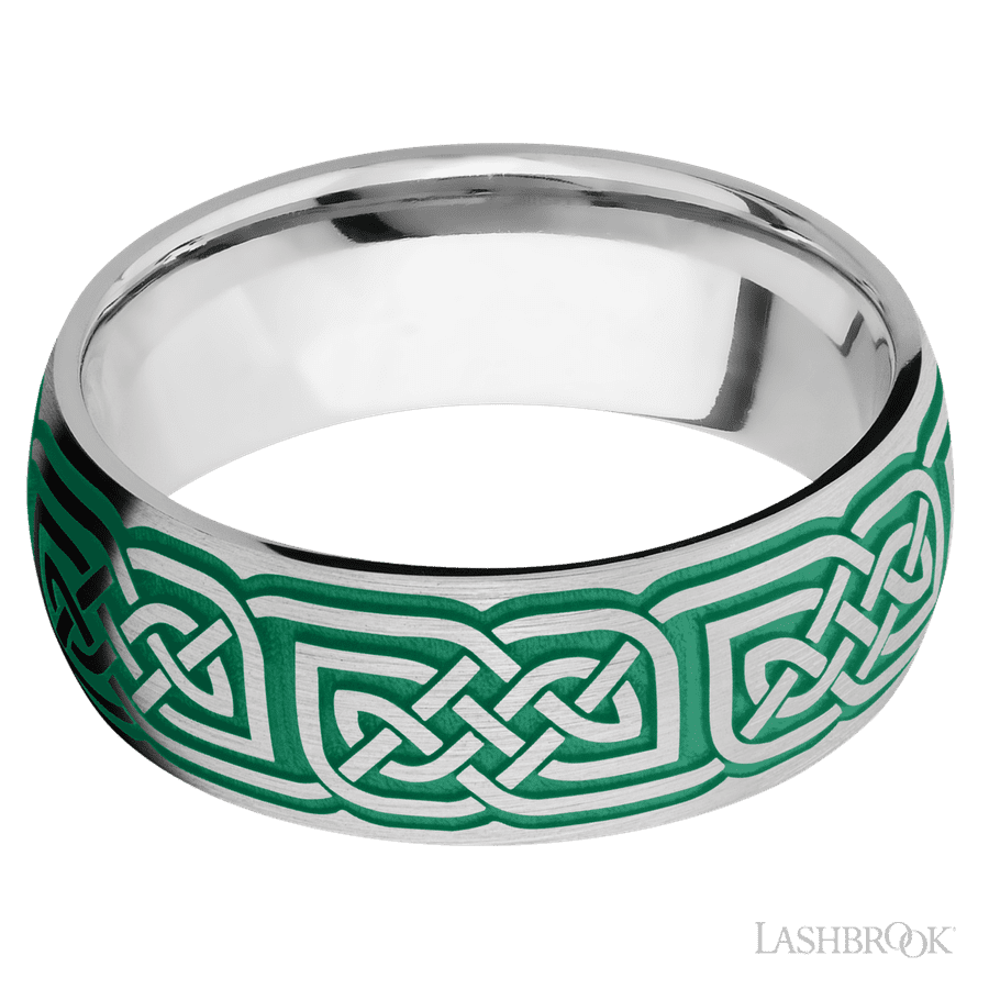 8 mm wide/Domed/Cobalt Chrome band with a laser carved Celtic 17 pattern.
