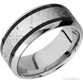 9 mm wide/High Bevel/Cobalt Chrome band featuring inlays of Dinosaur Bone Black and Meteorite.