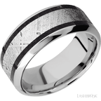 9 mm wide/High Bevel/Cobalt Chrome band featuring inlays of Dinosaur Bone Black and Meteorite.