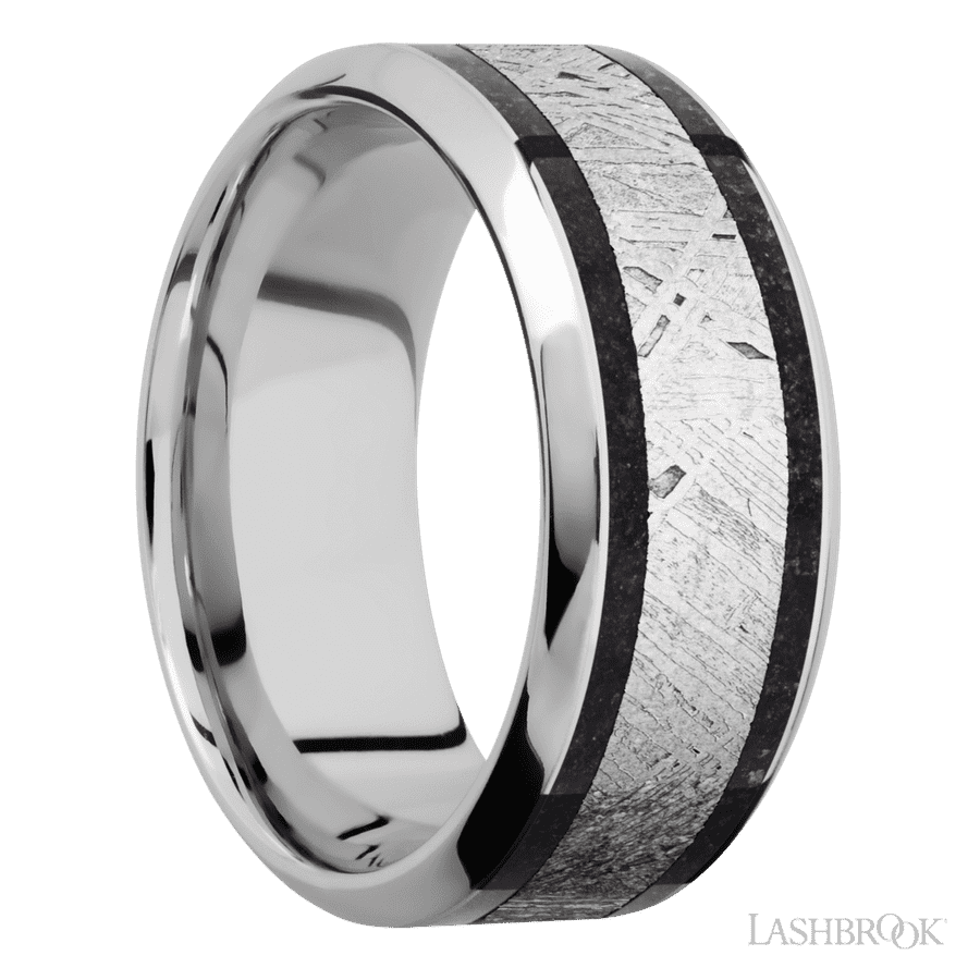9 mm wide/High Bevel/Cobalt Chrome band featuring inlays of Dinosaur Bone Black and Meteorite.