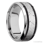 9 mm wide/High Bevel/Cobalt Chrome band featuring inlays of Dinosaur Bone Black and Meteorite.