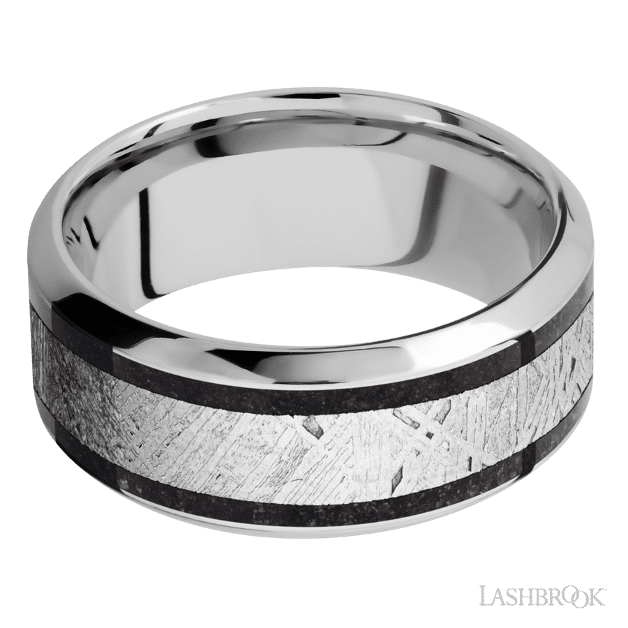 9 mm wide/High Bevel/Cobalt Chrome band featuring inlays of Dinosaur Bone Black and Meteorite.