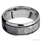 8 mm wide/Beveled/Cobalt Chrome band with one 5 mm Centered inlay of Tantalum.
