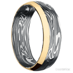 7 mm wide/Domed/Kinetic band with one 2 mm Off Center Edge inlay of 14K Yellow Gold.