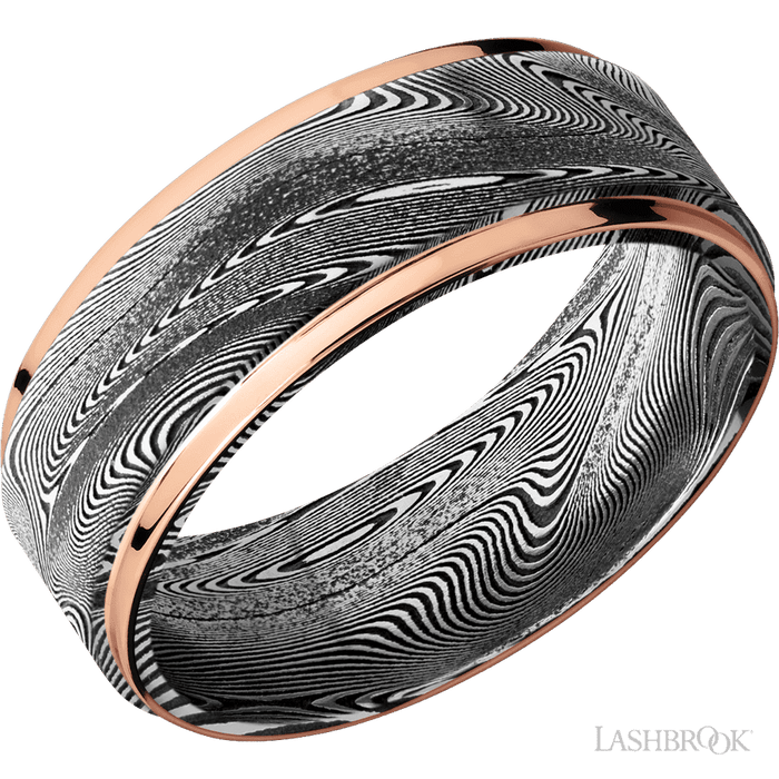 8 mm wide/Flat Grooved Edges/Tightweave band with two 1 mm Edge inlays of 14K Rose Gold.