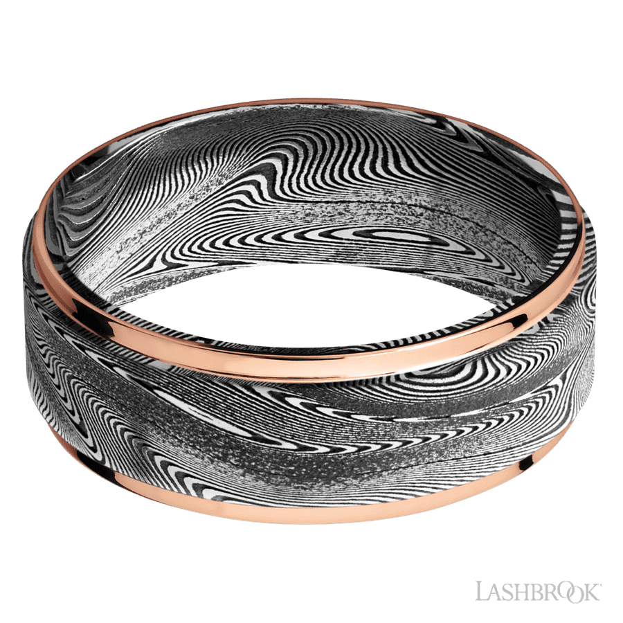 8 mm wide/Flat Grooved Edges/Tightweave band with two 1 mm Edge inlays of 14K Rose Gold.