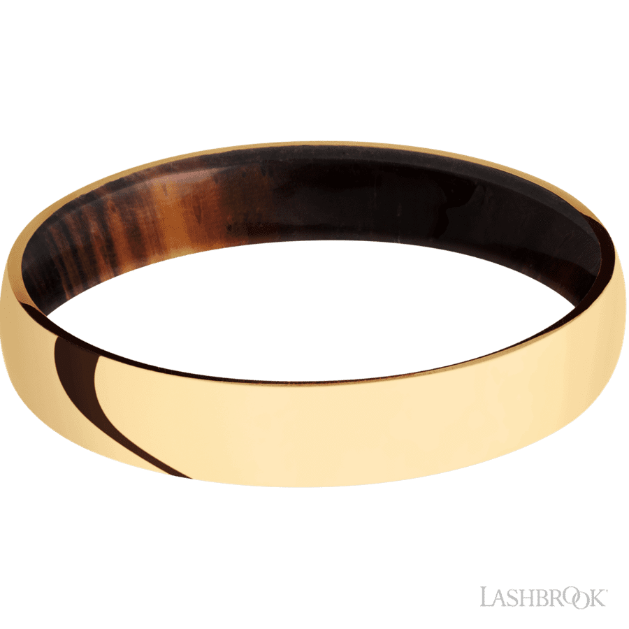 4 mm wide Domed 14K Yellow Gold band featuring a Cocobolo sleeve.