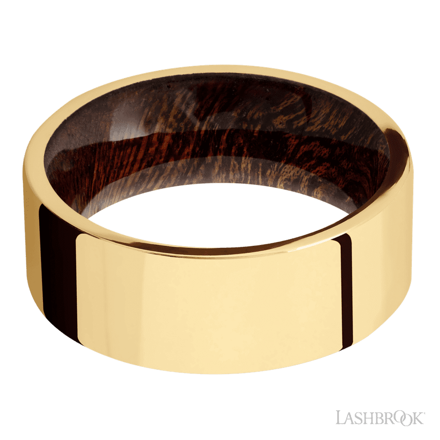 8 mm wide Flat 14K Yellow Gold band featuring a Sapele sleeve.