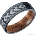 7 mm wide/Flat/Tantalum band with a laser carved Maori pattern also featuring a Koa sleeve.