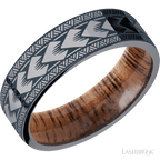 7 mm wide/Flat/Tantalum band with a laser carved Maori pattern also featuring a Koa sleeve.