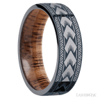 7 mm wide/Flat/Tantalum band with a laser carved Maori pattern also featuring a Koa sleeve.