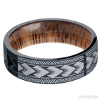 7 mm wide/Flat/Tantalum band with a laser carved Maori pattern also featuring a Koa sleeve.