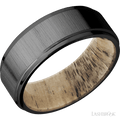 8 mm wide Flat Grooved Edges Zirconium band featuring a Spalted Tamarind sleeve.
