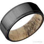 8 mm wide Flat Grooved Edges Zirconium band featuring a Spalted Tamarind sleeve.