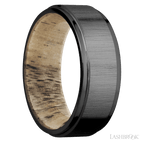 8 mm wide Flat Grooved Edges Zirconium band featuring a Spalted Tamarind sleeve.