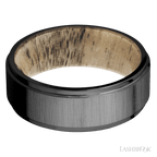 8 mm wide Flat Grooved Edges Zirconium band featuring a Spalted Tamarind sleeve.
