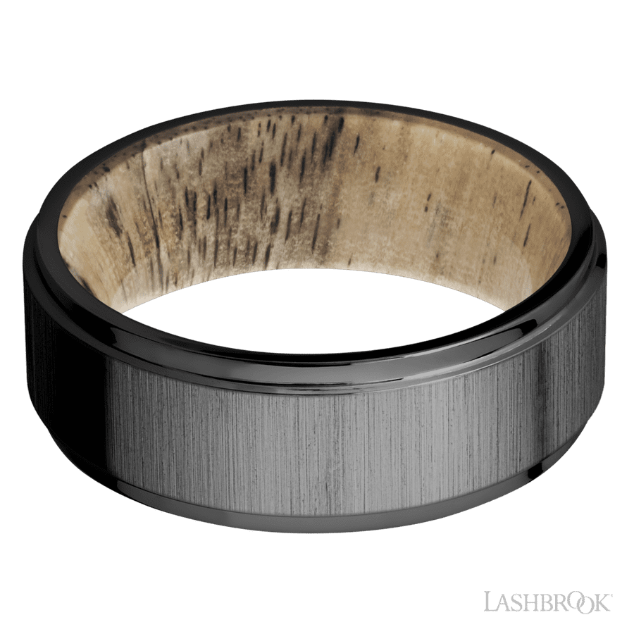8 mm wide Flat Grooved Edges Zirconium band featuring a Spalted Tamarind sleeve.