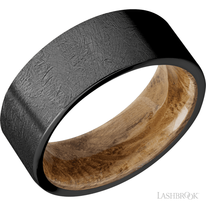 8 mm wide Flat Zirconium band featuring a Whiskey Barrel sleeve.