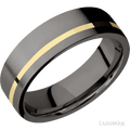 7 mm wide/Flat/Tantalum Noir band with one 1 mm Off Center inlay of 14K Yellow Gold.
