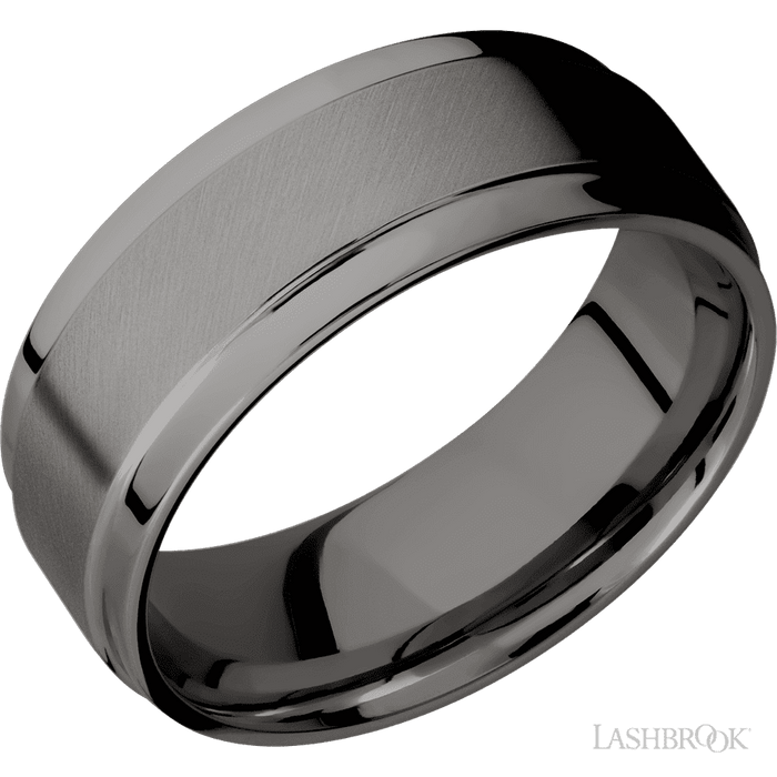 8 mm wide Flat Wide Grooved Edges Tantalum Noir band.