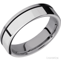 6 mm wide/Flat/Tantalum band with one 4 mm Off Center Edge inlay of Palladium Silver.