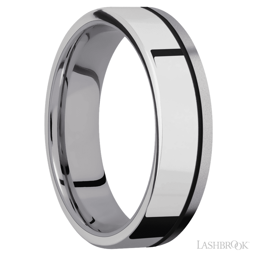 6 mm wide/Flat/Tantalum band with one 4 mm Off Center Edge inlay of Palladium Silver.