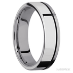 6 mm wide/Flat/Tantalum band with one 4 mm Off Center Edge inlay of Palladium Silver.