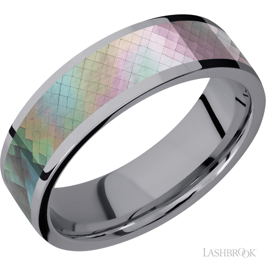 7 mm wide/Flat/Tantalum band with one 5 mm Centered inlay of Black Mother of Pearl.