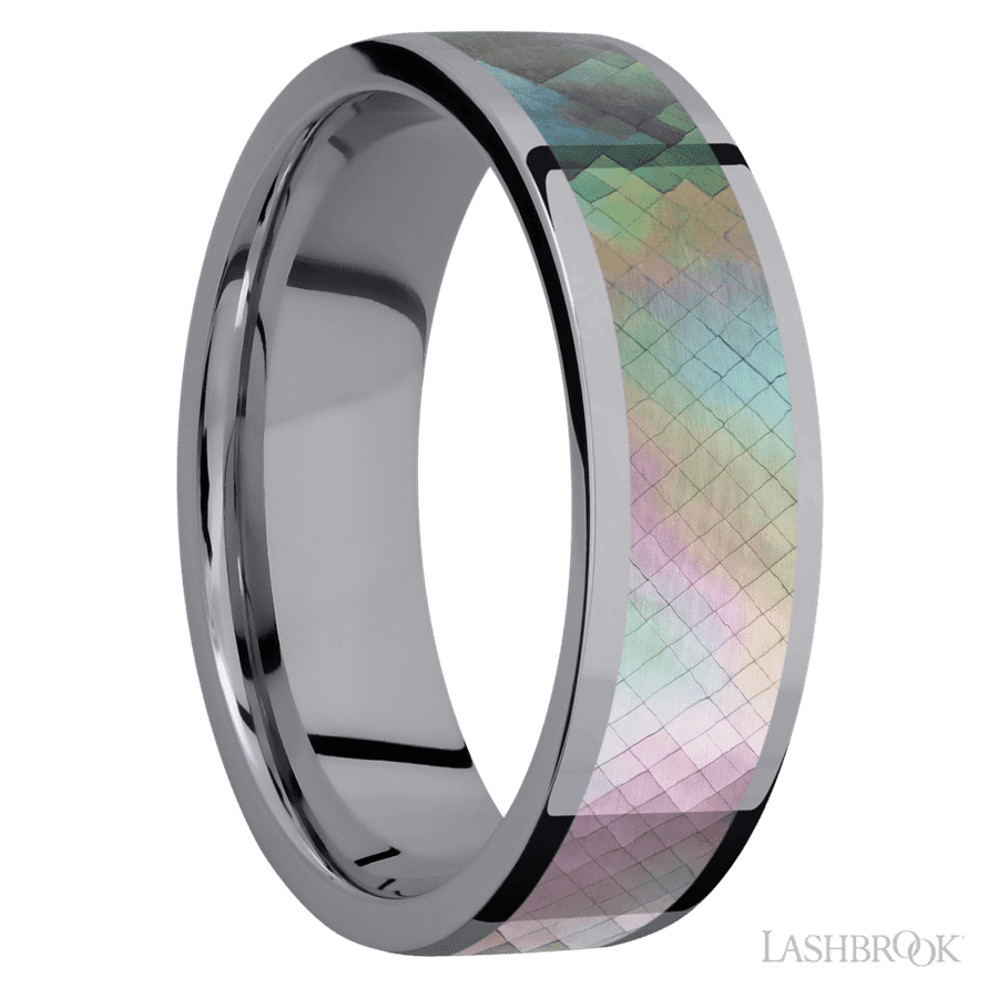 7 mm wide/Flat/Tantalum band with one 5 mm Centered inlay of Black Mother of Pearl.