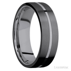 7 mm wide/Flat/Tantalum band with two 3 mm Double Off Center Edge inlays of Zirconium.