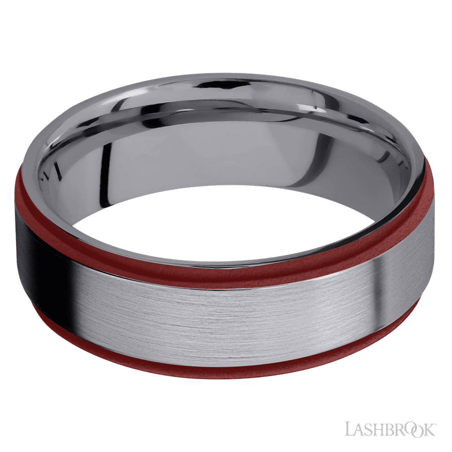 7 mm wide/Flat Grooved Edges/Tantalum band with two 1 mm Edge inlays of Crimson.