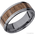 8 mm wide/Flat Grooved Edges/Tantalum band with one 5 mm Centered inlay of Walnut.